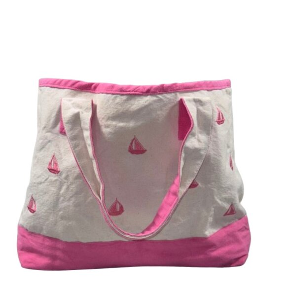 Pink Sailboat Canvas Preppy Beach Resort Cruise Vacation Tote Bag 15 x 11 x 3 - Picture 2 of 15